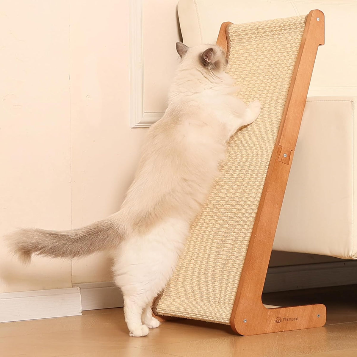 L-Shaped Cat Scratching Post - Beechwood Base, 28.5" Natural Sisal Woven Cat Scratch Pad, Durable