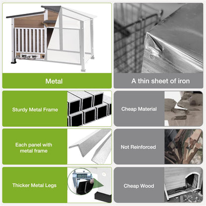 Dog House Outdoor with Bowls Weatherproof Dog Kennel with Anti-Chewing Iron Frame Dog Shelter for