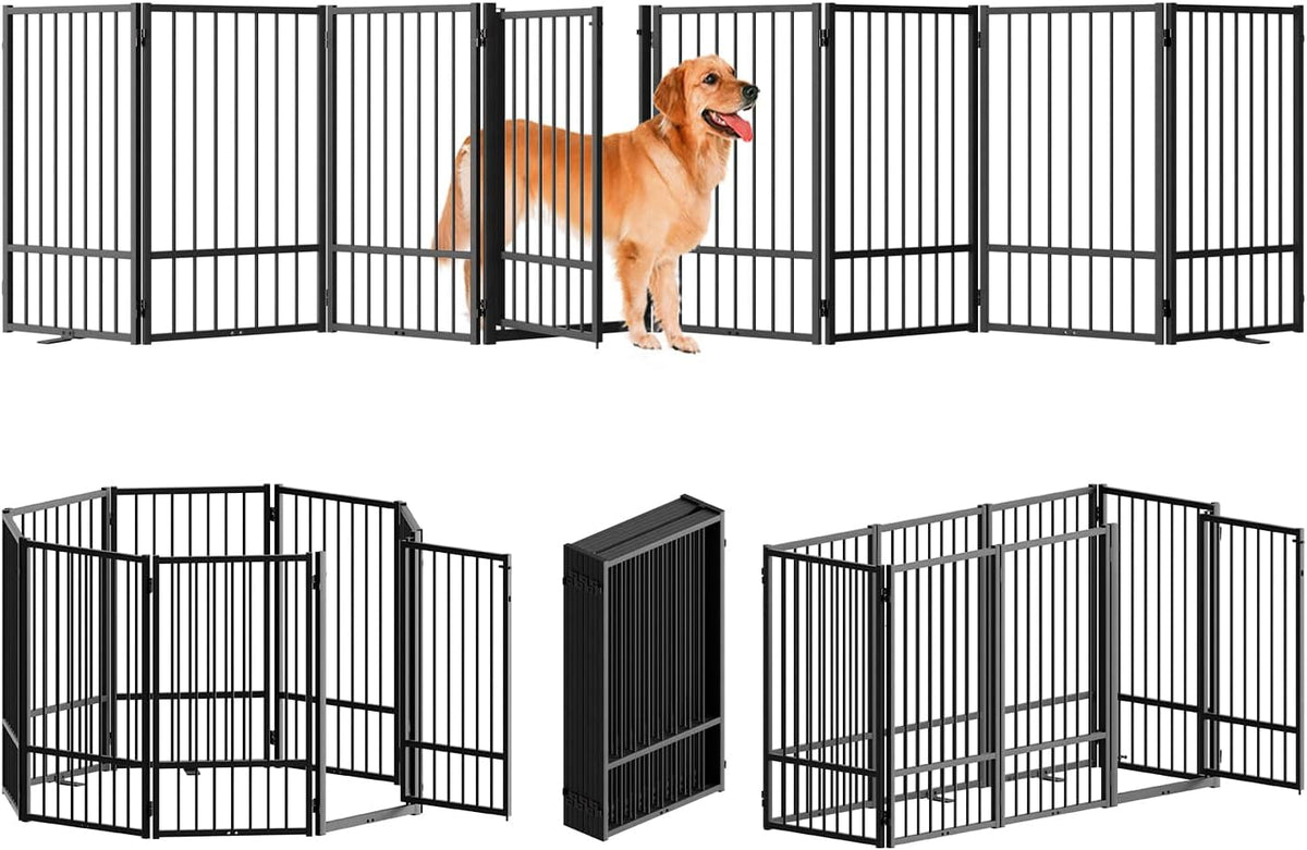 Full Metal Freestanding Dog Gate with Door, 36''Height Foldable Pet Dog Fence for Indoor & Outdoor