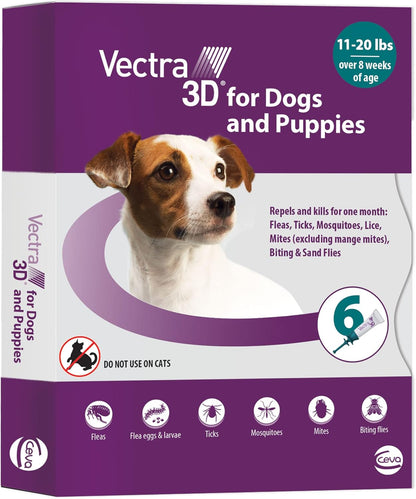 Vectra 3D for Dogs Flea, Tick & Mosquito Treatment & Prevention for Small Dogs (11 – 20 lbs) , 6