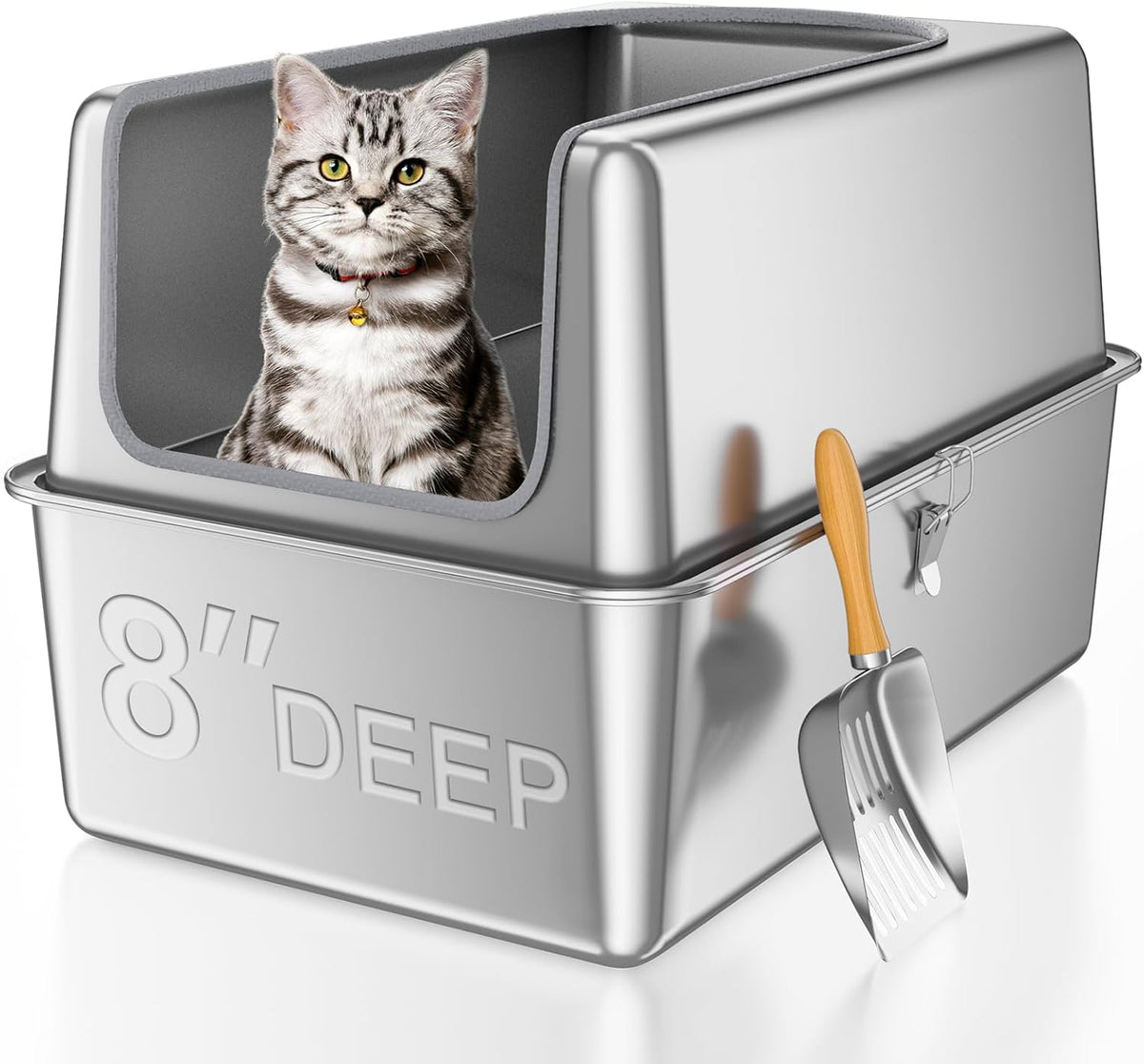 16'' High Sides XXXL All Stainless Steel Cat Litter Box with Lid,8'' Deep Metal Litter Box for Big
