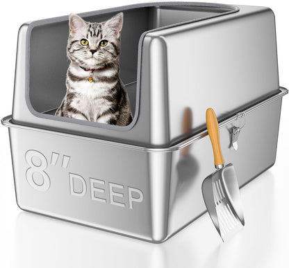 16'' High Sides XXXL All Stainless Steel Cat Litter Box with Lid,8'' Deep Metal Litter Box for Big