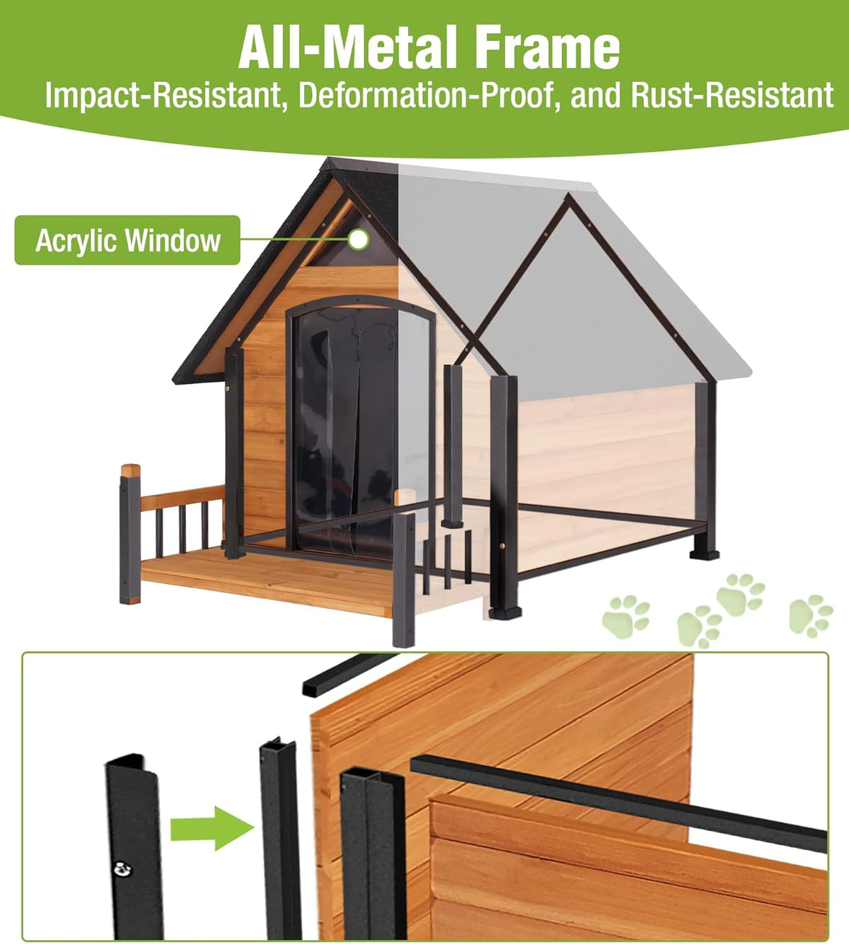 Large Outdoor Heated Dog House with Porch, All-Around Insulated Liner, Weatherproof Outside Dog