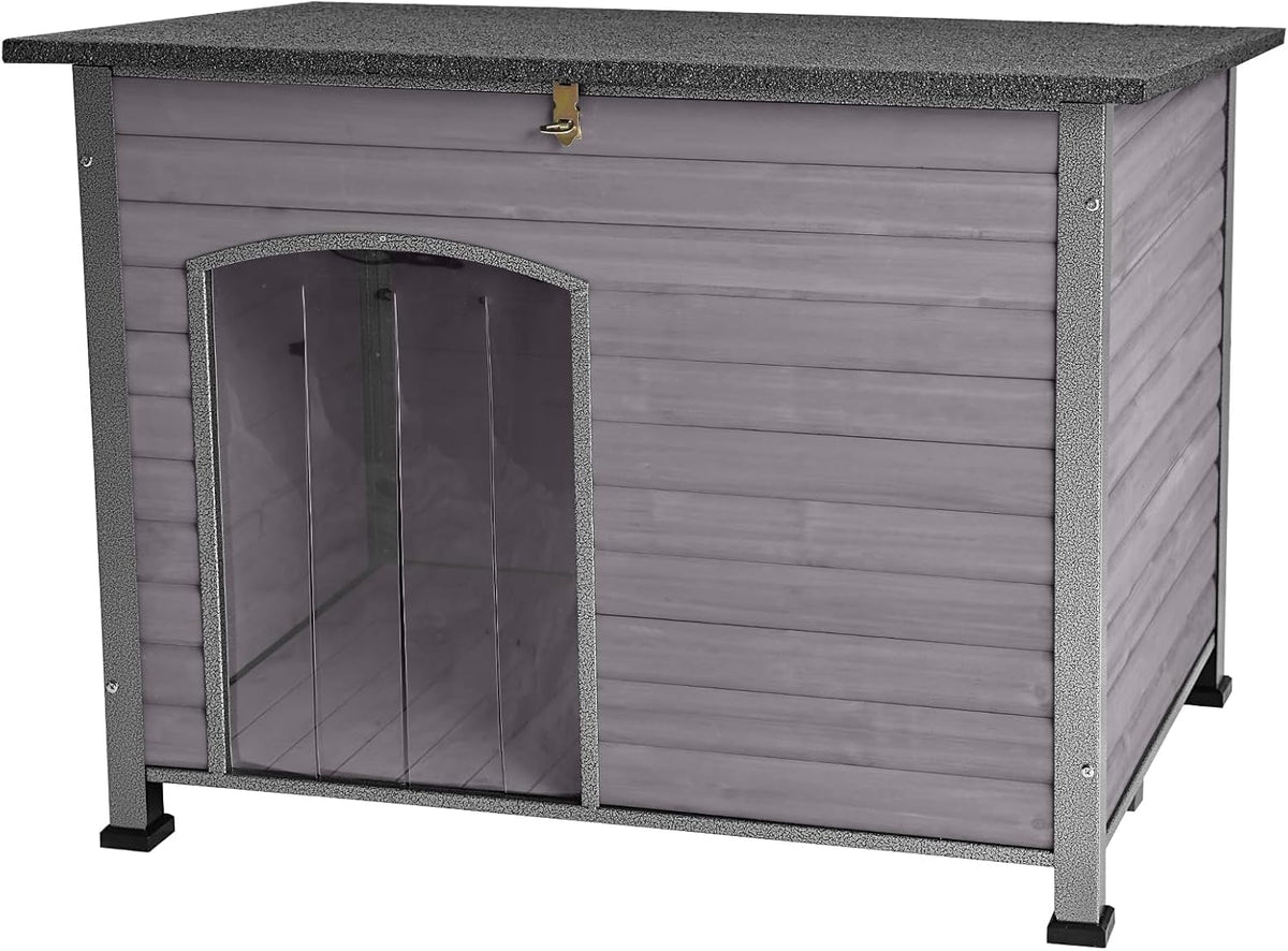 Indoor Outdoor Dog House,Anti-Chewing Iron Frame Dog Kennel,Wood Warm Pets Home,Weatherproof