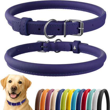 CollarDirect Rolled Leather Dog Collar, Soft Padded Round Puppy Collar, Handmade Genuine Leather