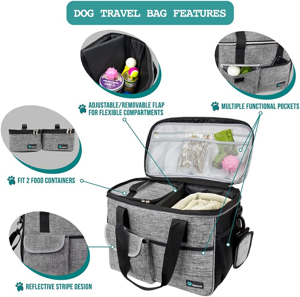 PetAmi Dog Travel Bag - Organizer with Food Container, Bowls & Accessories for Weekend Camping, Cat