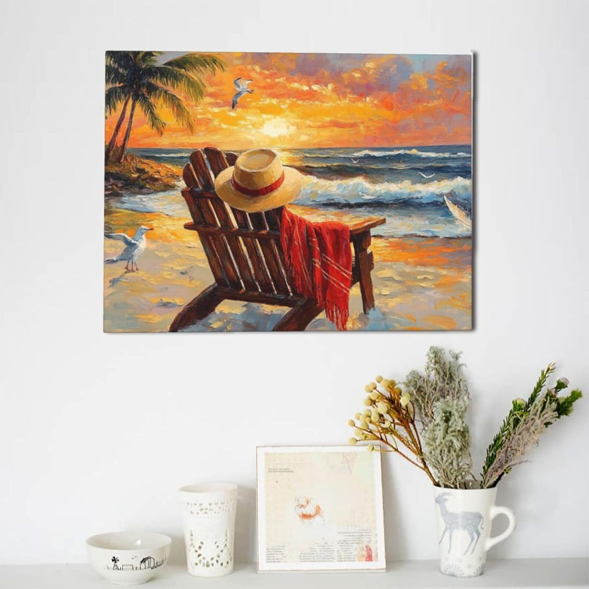 Beach Coastal Bathroom Pictures Wall Art, Seaside Ocean Bathroom Wall Decor, Sunrise Palm Framed