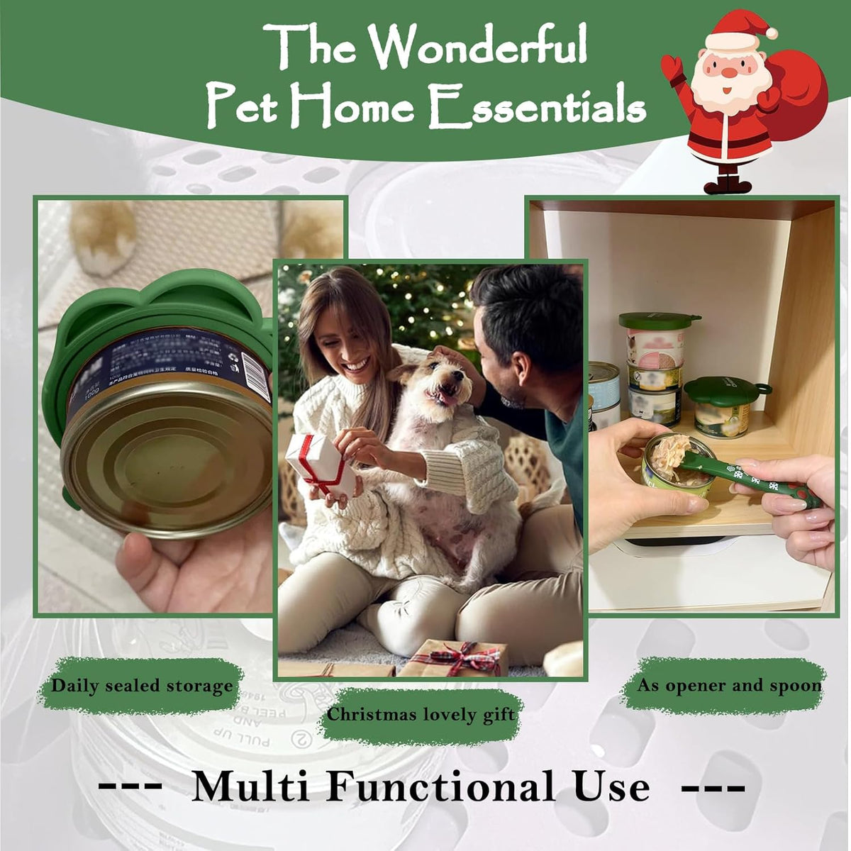 Christmas Pet Set - 3 Cat Food Can Lids & 1 BPA-Free Opener | Cute Paw Shape Can Covers and Opener
