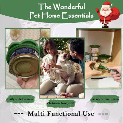 Christmas Pet Set - 3 Cat Food Can Lids & 1 BPA-Free Opener | Cute Paw Shape Can Covers and Opener