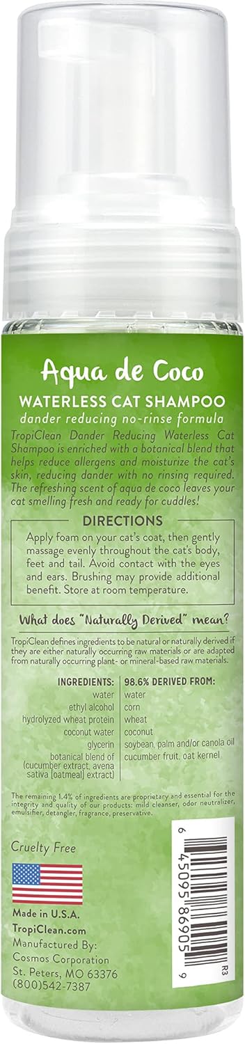 TropiClean No Rinse Waterless Cat Shampoo | Dandruff Treatment | Moisturizing Dry Shampoo for Dry