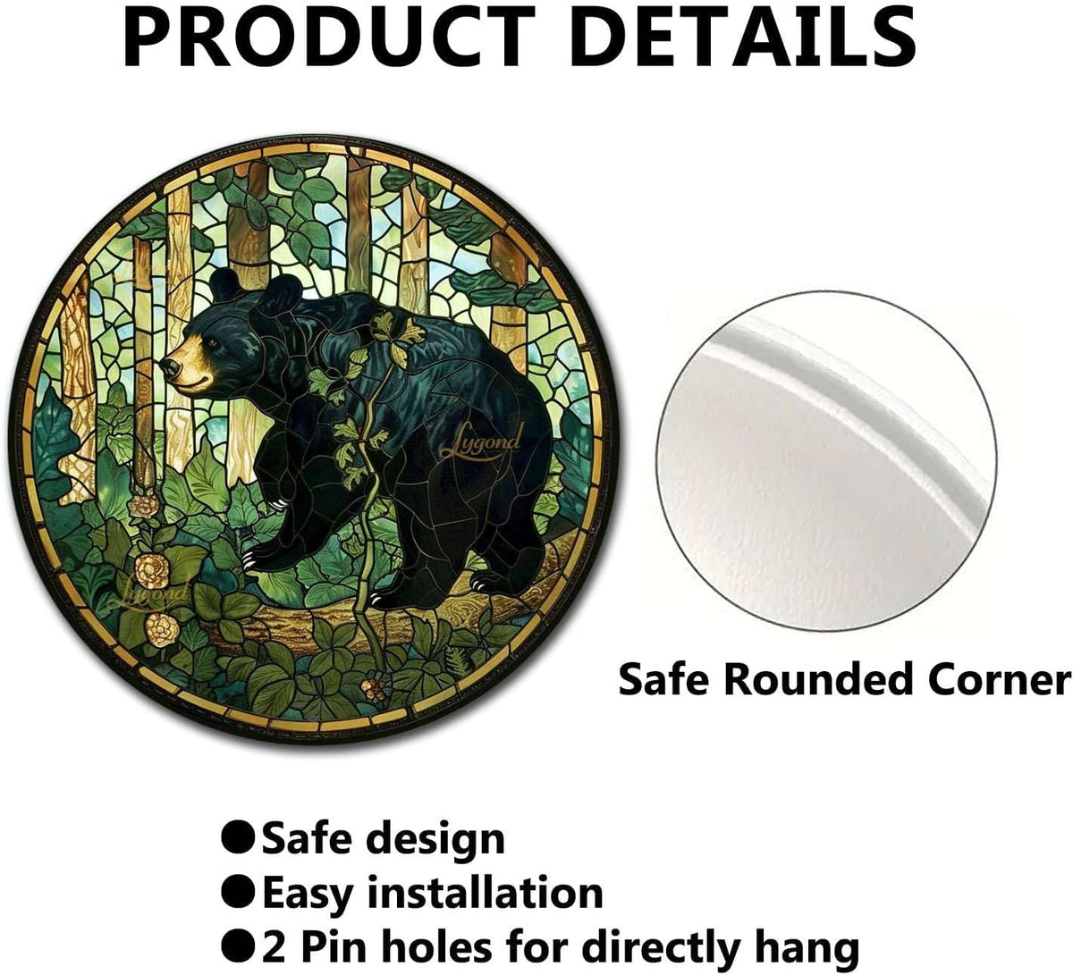 Lygond Metal Sign Tin Sign Circular Stained Glass American Black Bear Funny Bathroom Wall Decor for