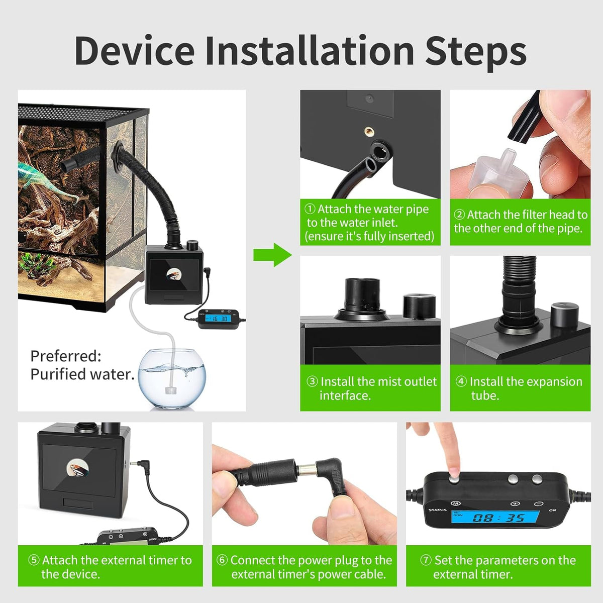 Reptile Fogger Humidifier for Glass Terrariums, Auto-Refill Misting System with Timer, Suitable for