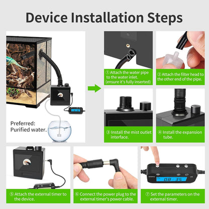 Reptile Fogger Humidifier for Glass Terrariums, Auto-Refill Misting System with Timer, Suitable for