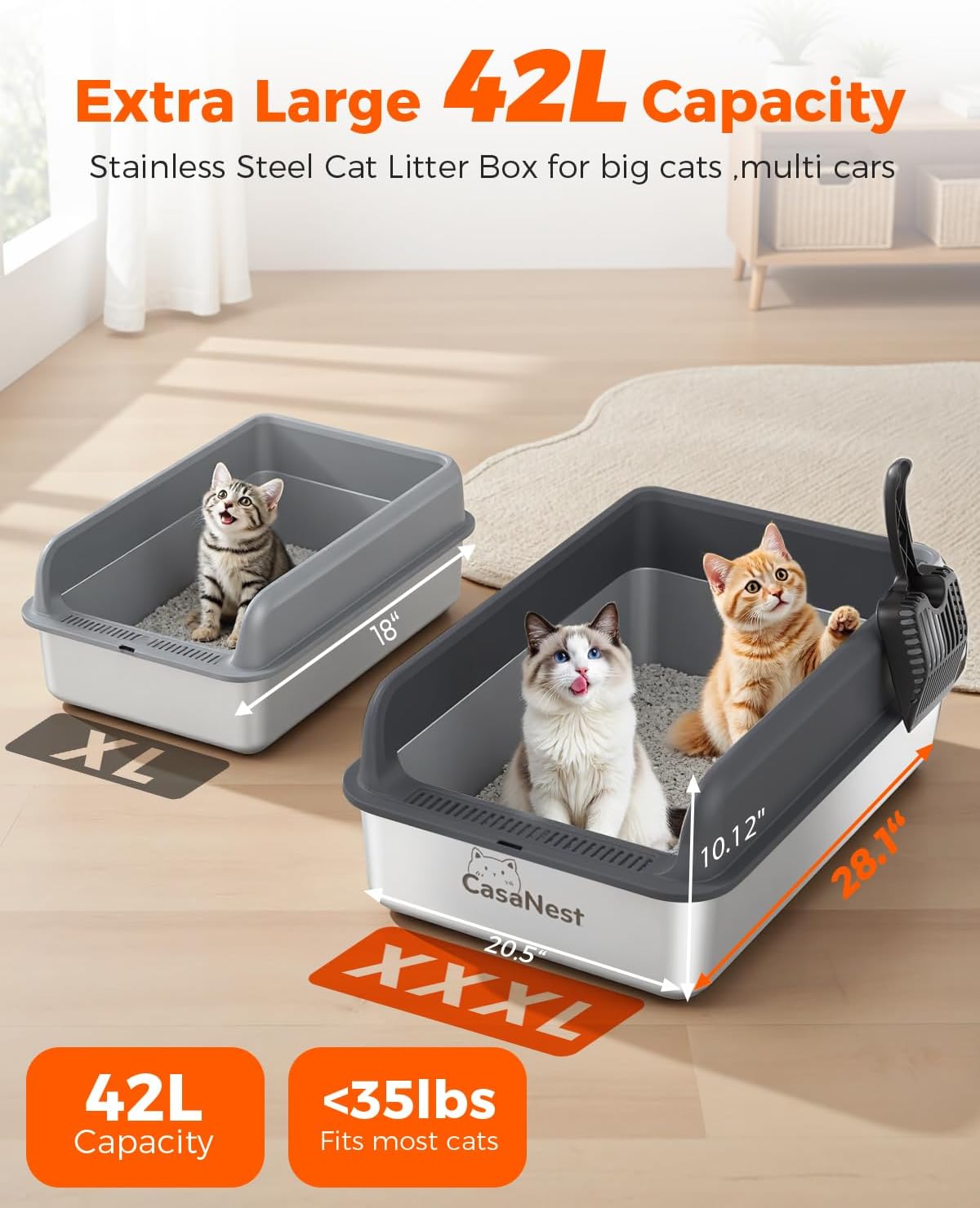 XXXL Stainless Steel Cat Litter Box 28.1''×20.5''× 10.1” Extra Large Metal Cat Litter Box for Big