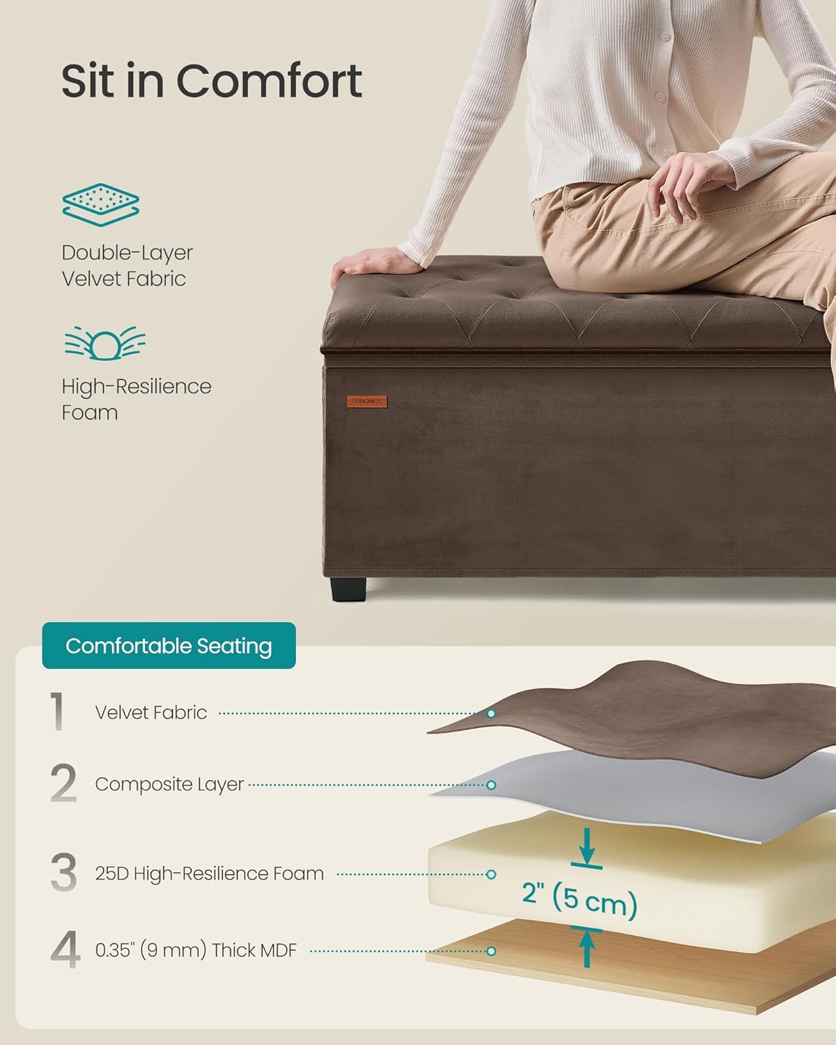 SONGMICS Velvet Storage Ottoman Bench, Foot Rest with Legs, 15.7 x 43 x 15.7 Inches, End of Bed