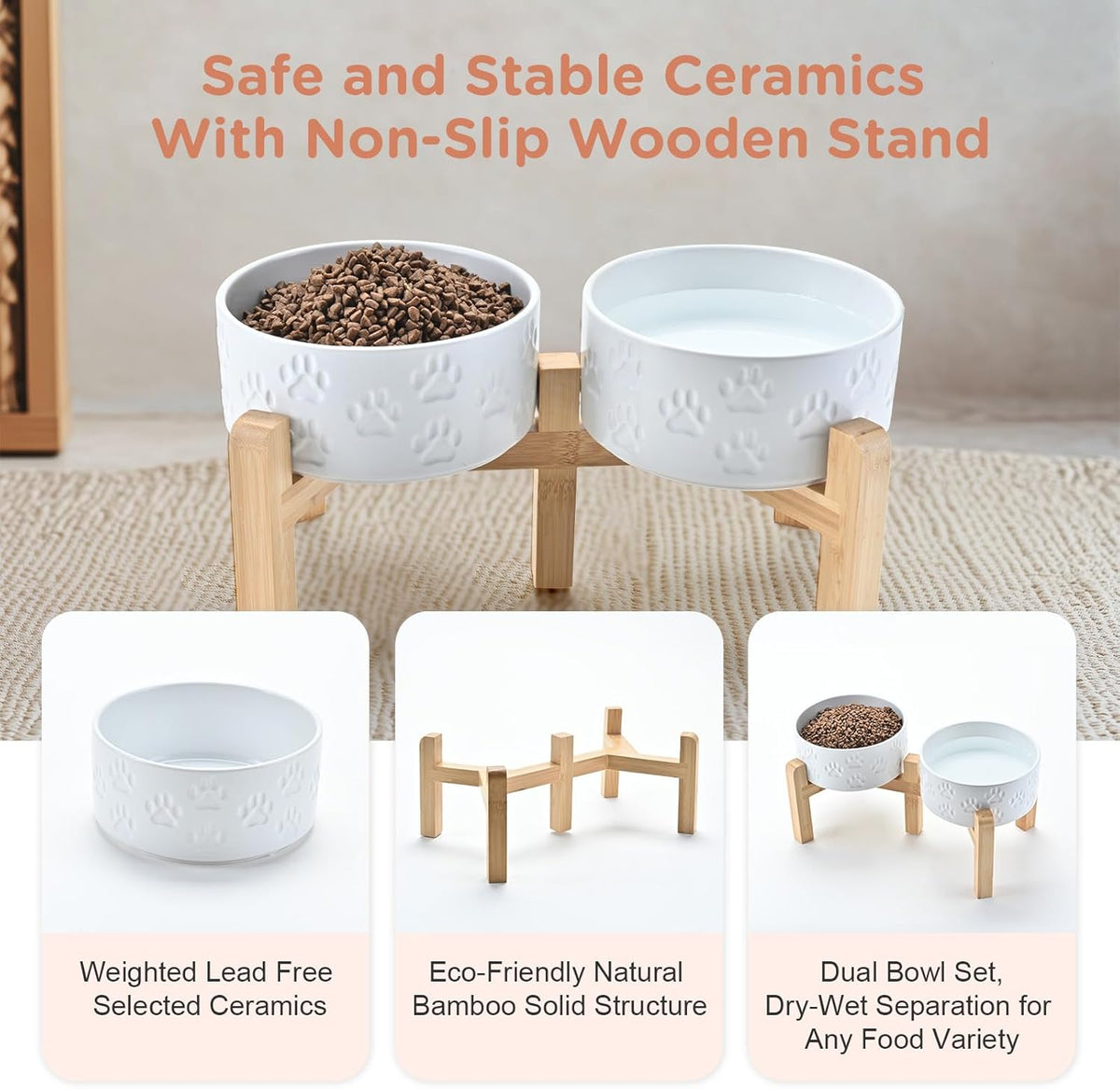 SPUNKYJUNKY Elevated Dog Bowls Ceramic, 6.1'' Dogs and Cat Food Water Bowls Raised with Non-Slip