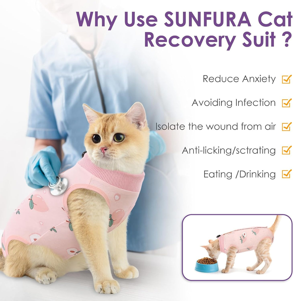 SUNFURA Cat Recovery Suit, Kitten Surgical Full Bodysuit for Abdominal Wound Protector Anti Licking