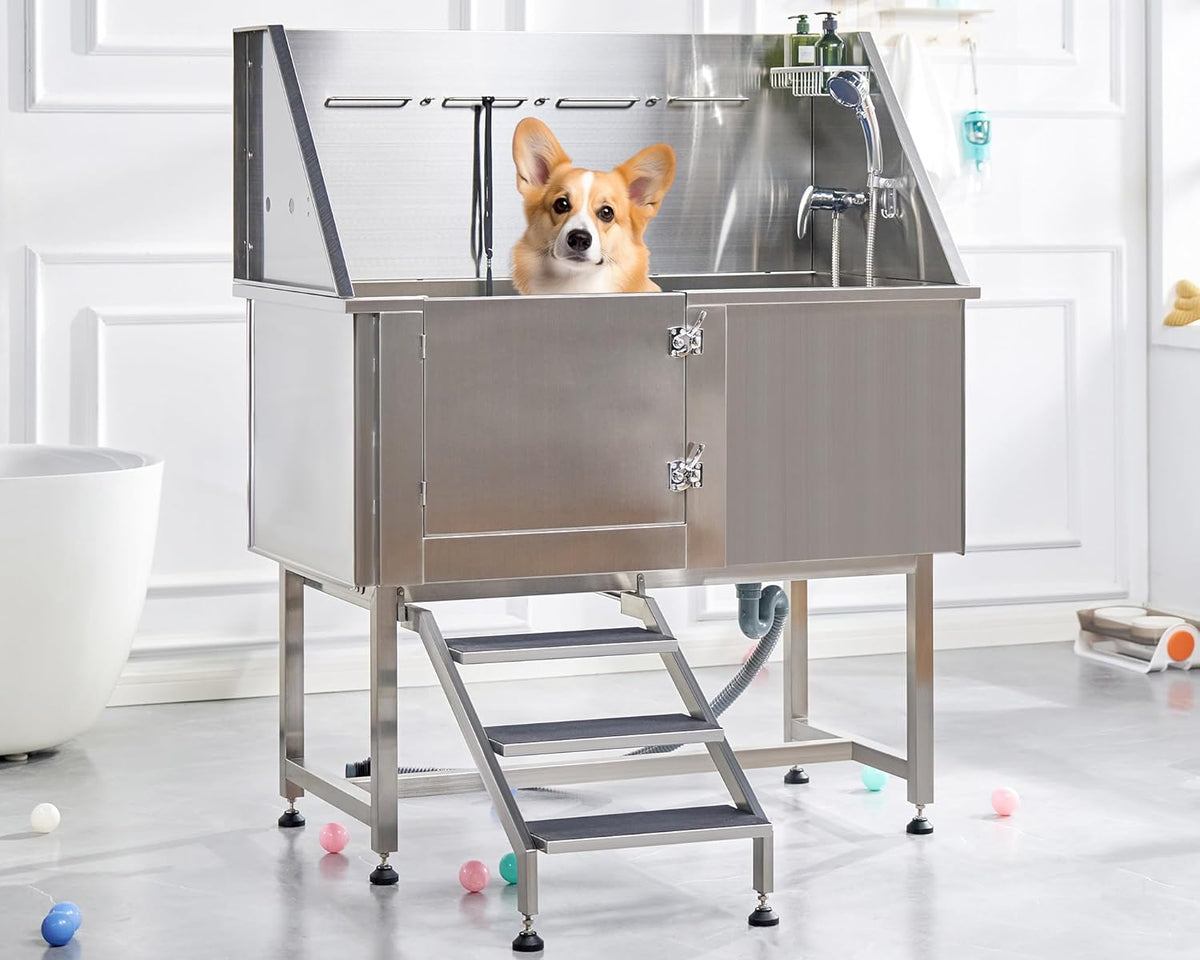 Albott 50-Inch Stainless Steel Dog Washing Station with Anti-Slip Steps, Sprayer, Faucet, and Soap