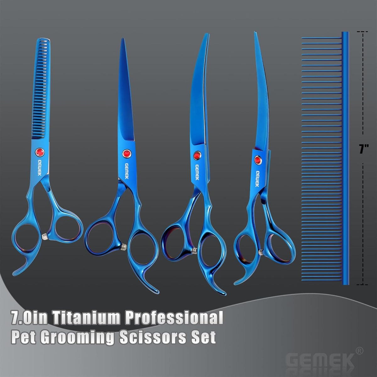 7.0in Titanium Professional Pet Grooming Scissors Set, GEMEK 6 in 1 Straight & Thinning & Upwards