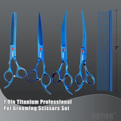 7.0in Titanium Professional Pet Grooming Scissors Set, GEMEK 6 in 1 Straight & Thinning & Upwards