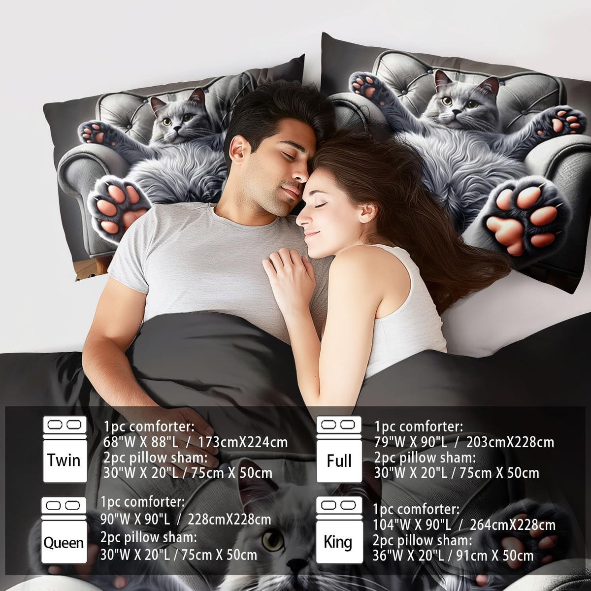 Cute Cat Comforter Set King,Grey Kawaii Cat Bedding Set Adult,Cute Animal Comforter for