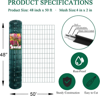 Green PVC Coated Welded Wire Fence 48 Inch x 50 Foot, 2 Inch x 4 Inch 14GA, Garden Border Fencing