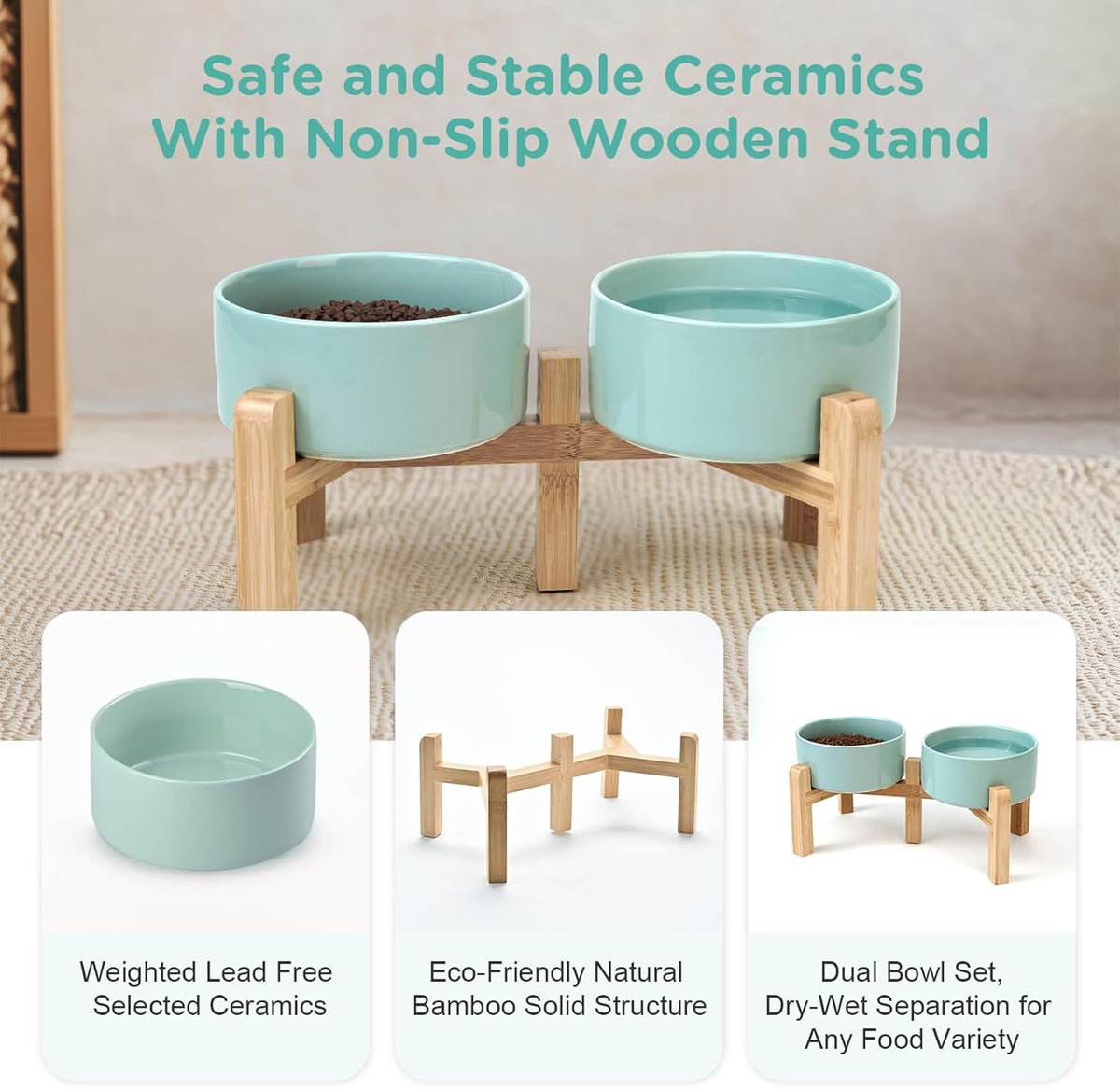 SPUNKYJUNKY Elevated Dog Bowls Ceramic, 6.1'' Dogs and Cat Food Water Bowls Raised with Non-Slip