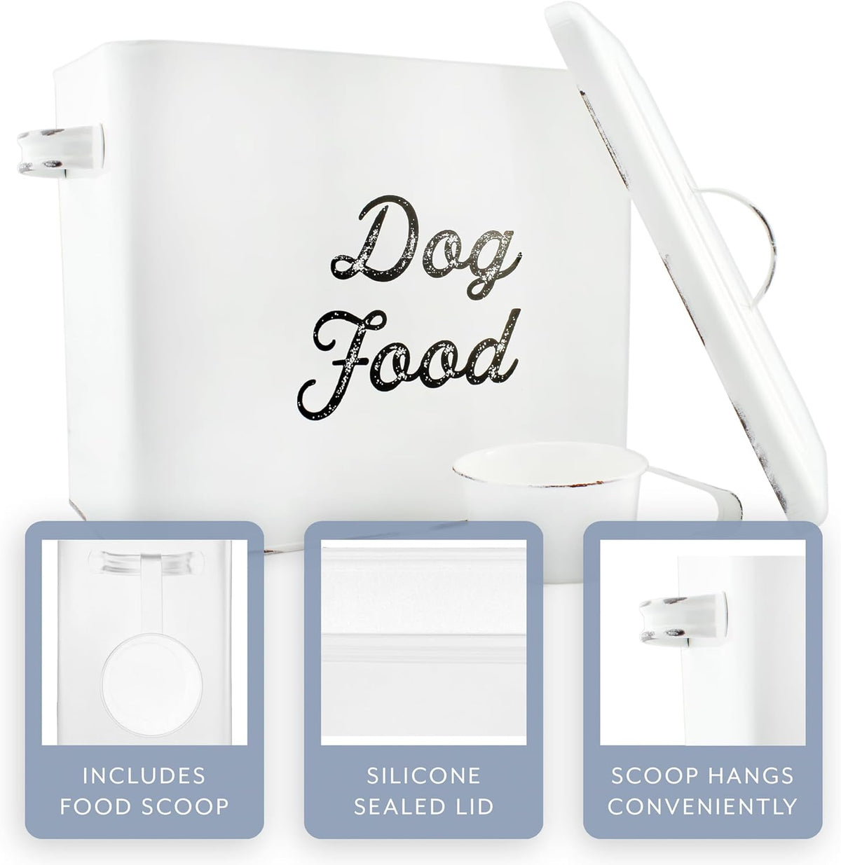 AuldHome Rustic Dog Food Canister; White Farmhouse Style Storage Bin for Small Dogs