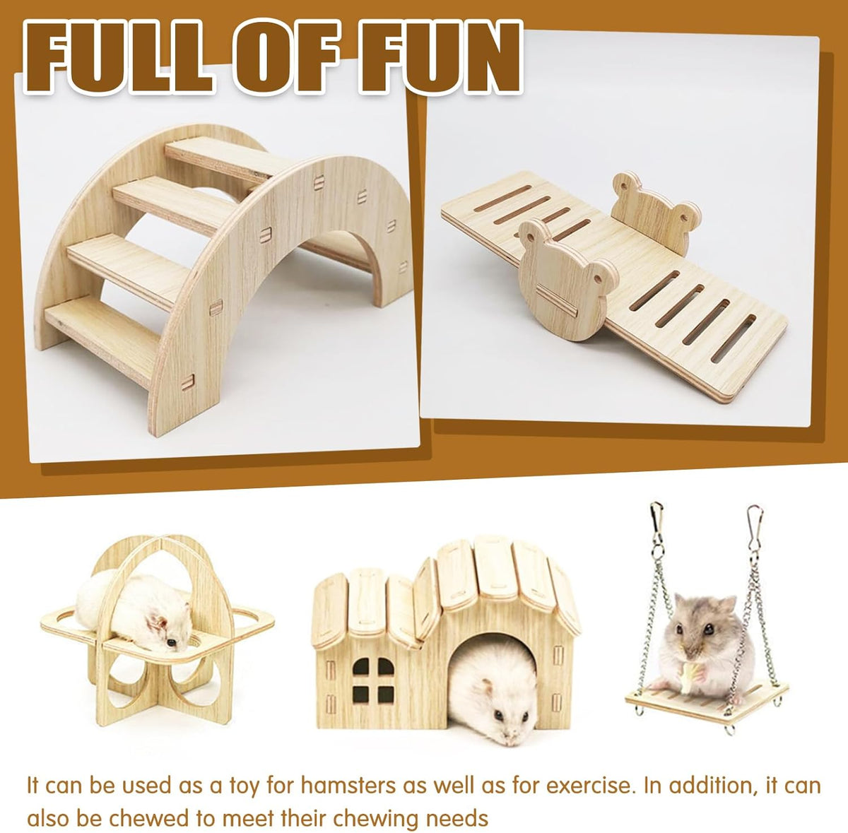 Hamster Toys 5-Piece Set,Hamster House, Swing, Climbing Ladder, Seesaw & Exercise Wheel,Pet DIY