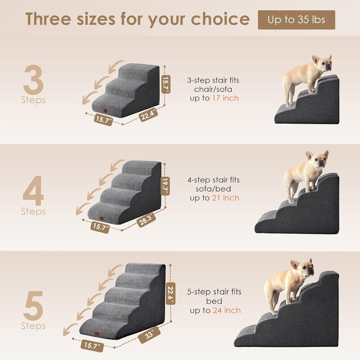 EHEYCIGA Curved Dog Stairs Ramp for Small Dogs 15.7" H, 3-Step Dog Steps for Couch Sofa and Chair