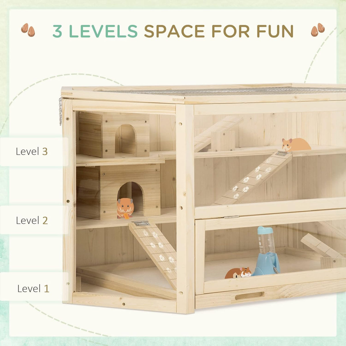 PawHut Wooden Large Hamster Cage Small Animal Exercise Play House 3 Tier with Tray, Seesaws, Water