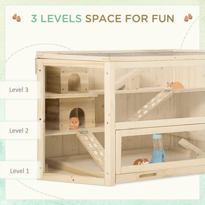 PawHut Wooden Large Hamster Cage Small Animal Exercise Play House 3 Tier with Tray, Seesaws, Water