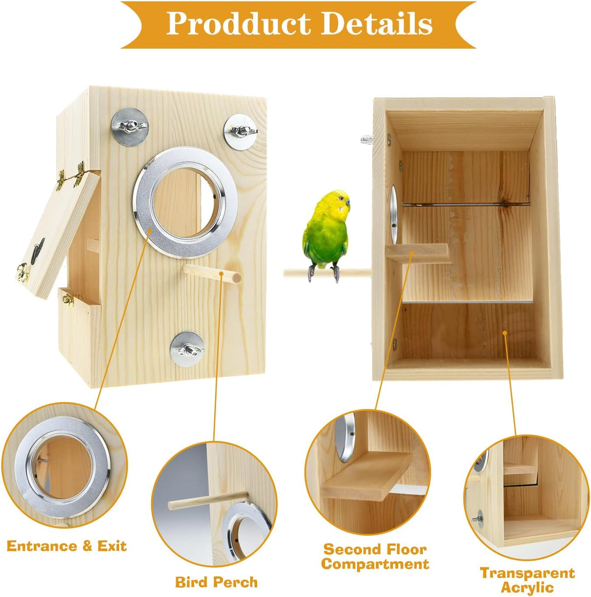 Bird Nest Box Parakeet Breeding Nest Box Bird Nest House Wooden Acrylic Transparent Breeding Box