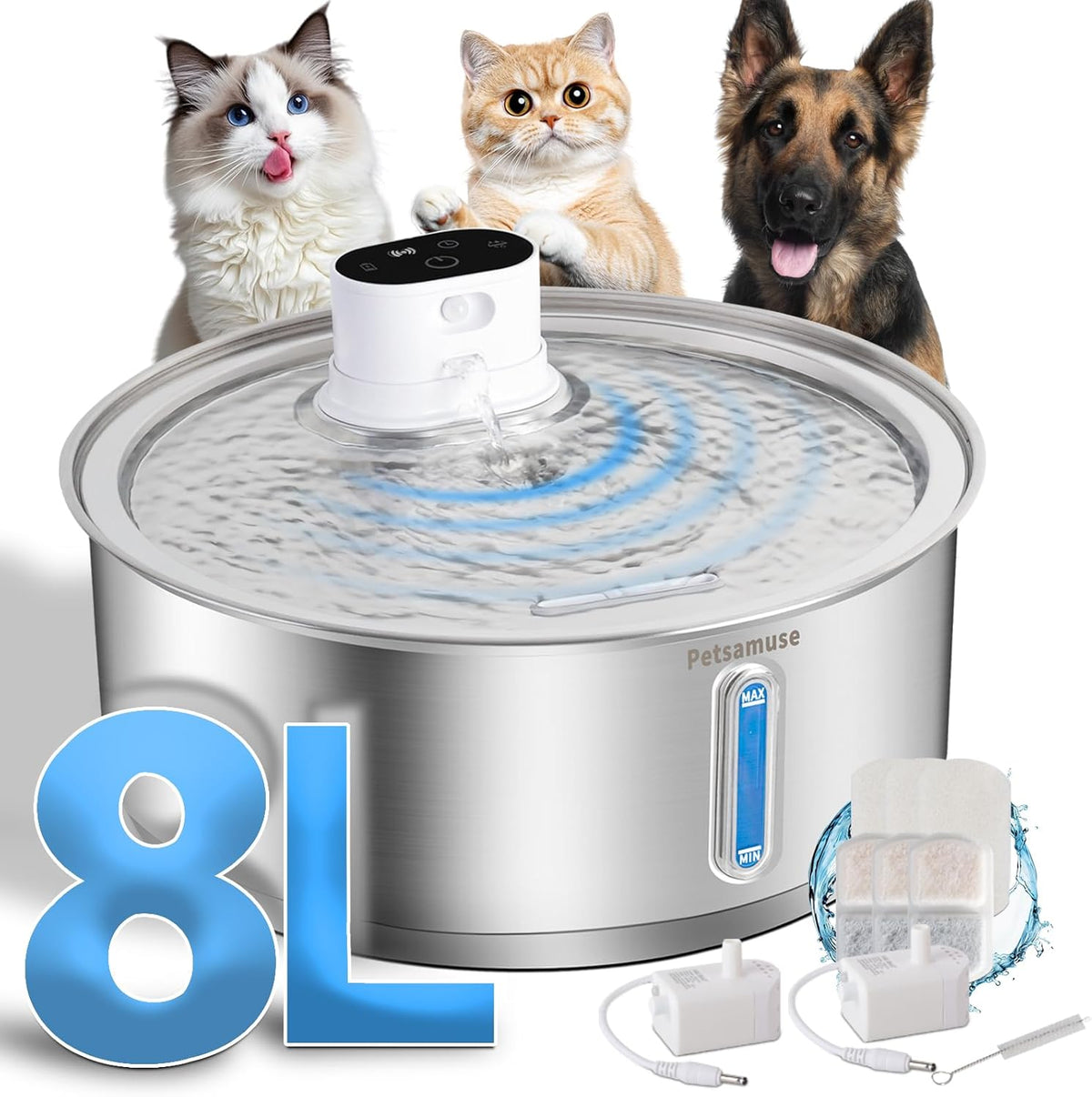Wireless Dog Water Fountain, 2.1Gal/8L Battery Operated Stainless Steel Pet Water Fountain Motion