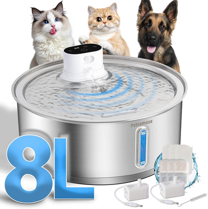 Wireless Dog Water Fountain, 2.1Gal/8L Battery Operated Stainless Steel Pet Water Fountain Motion