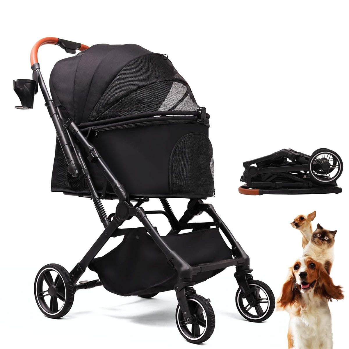 Pet Stroller for Small Medium Dogs Cats Up to 45 lbs, Travel Lite Collapsible, All Terrain 4 Wheels