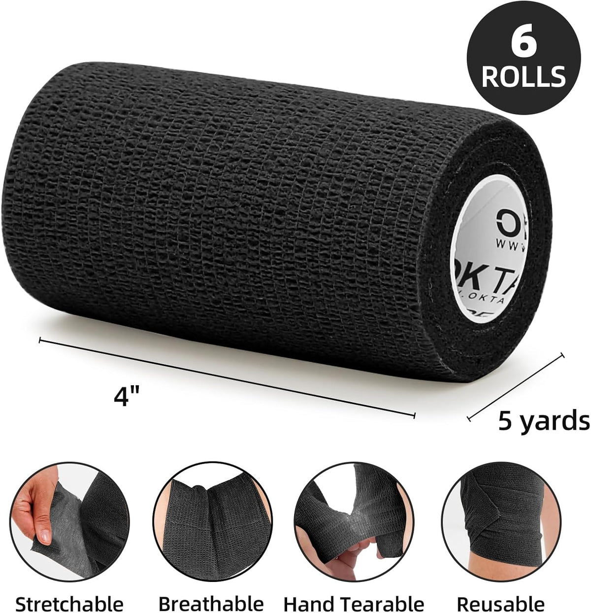 OK TAPE Self Adherent Cohesive Bandages Wrap - 6Packs, 4" x 5 Yards, Non-Woven Self Adhesive