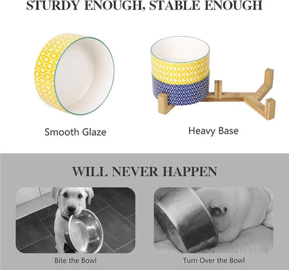Selamica Ceramic 14 oz Dog Bowls - Anti-Slip Pet Dishes Set with Wooden Stand for Cats & Small