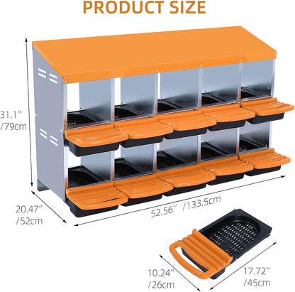 Chicken Nesting Boxes, 10 Hole Metal Chicken Laying Box with with Removable Trays and Roll Out Egg