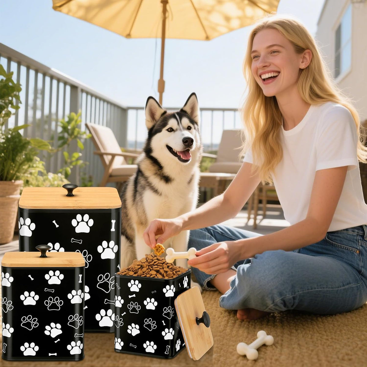 3 Pack Airtight Dog Food Containers with Bamboo Lids, Metal Dog Treat Jars Canisters for Kibble