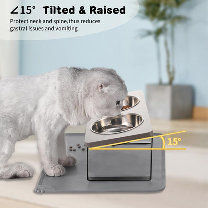 Upgraded Elevated Cat Bowls with Food Mat,15°Tilted Stand Anti Vomiting Raised Cat Dishes for Food