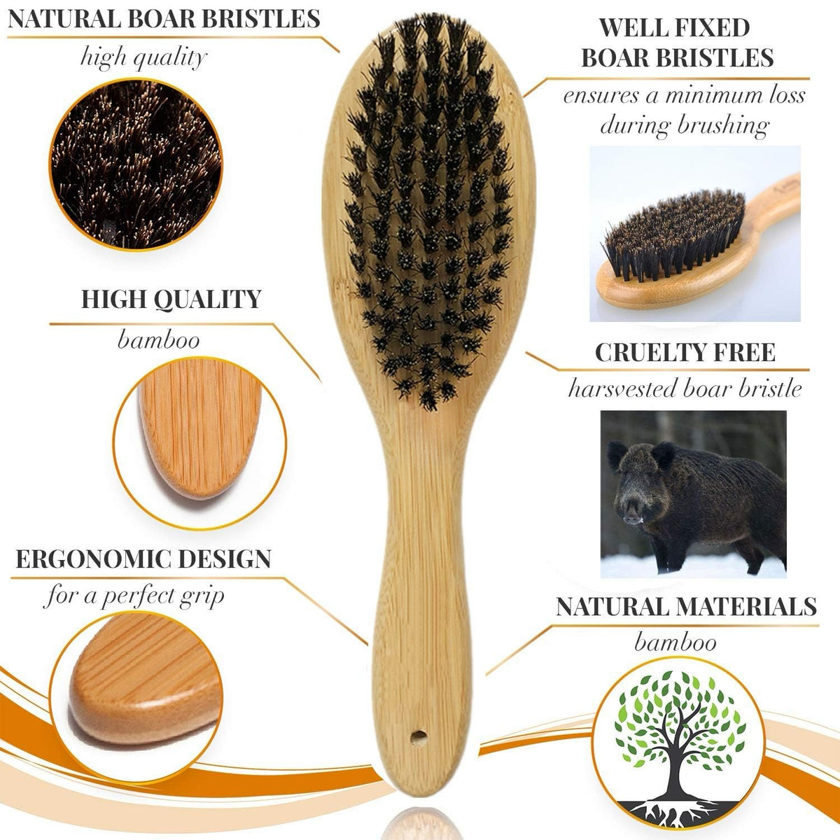 Patina Dog Cat Brush for Shedding, Natural Bamboo Boar Bristles Brush, Pet Grooming Supplies for
