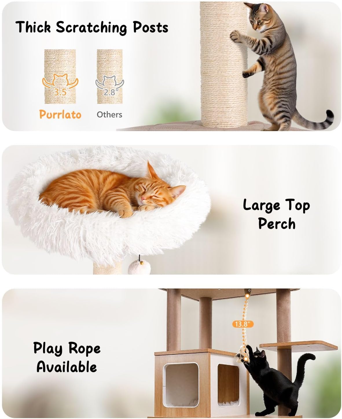 61" Wooden Cat Tree Tower for Indoor Cats, Luxury Modern Wooden Tower with XL Plush Lounge, Hammock