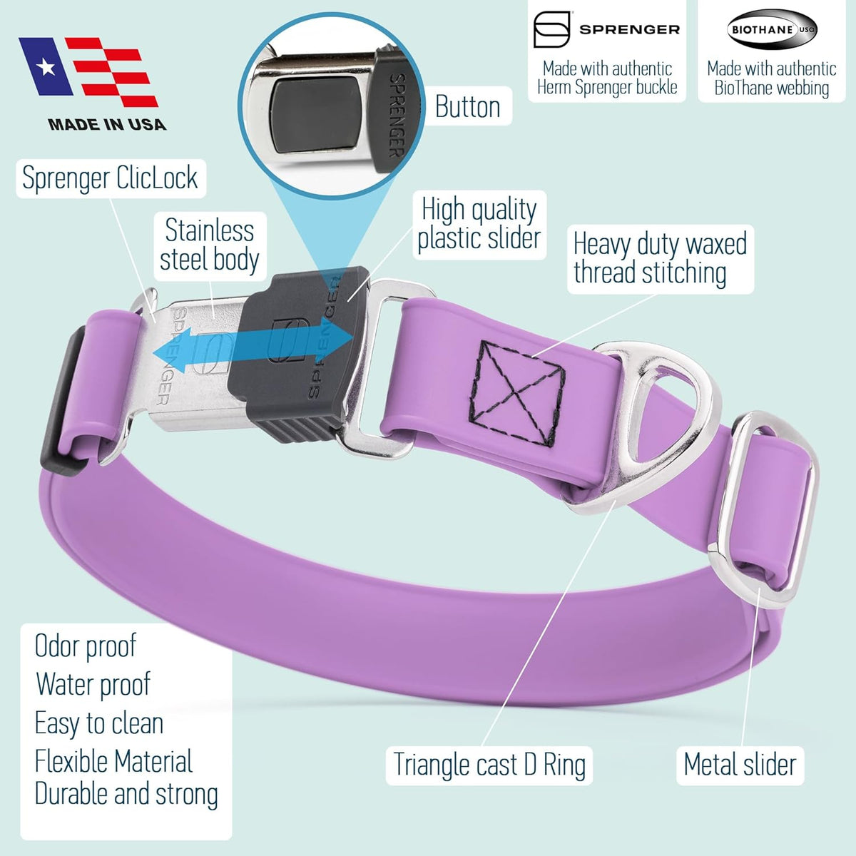 Dogline Biothane Waterproof Dog Collar with Herm Sprenger Black Stainless Steel Quick Release