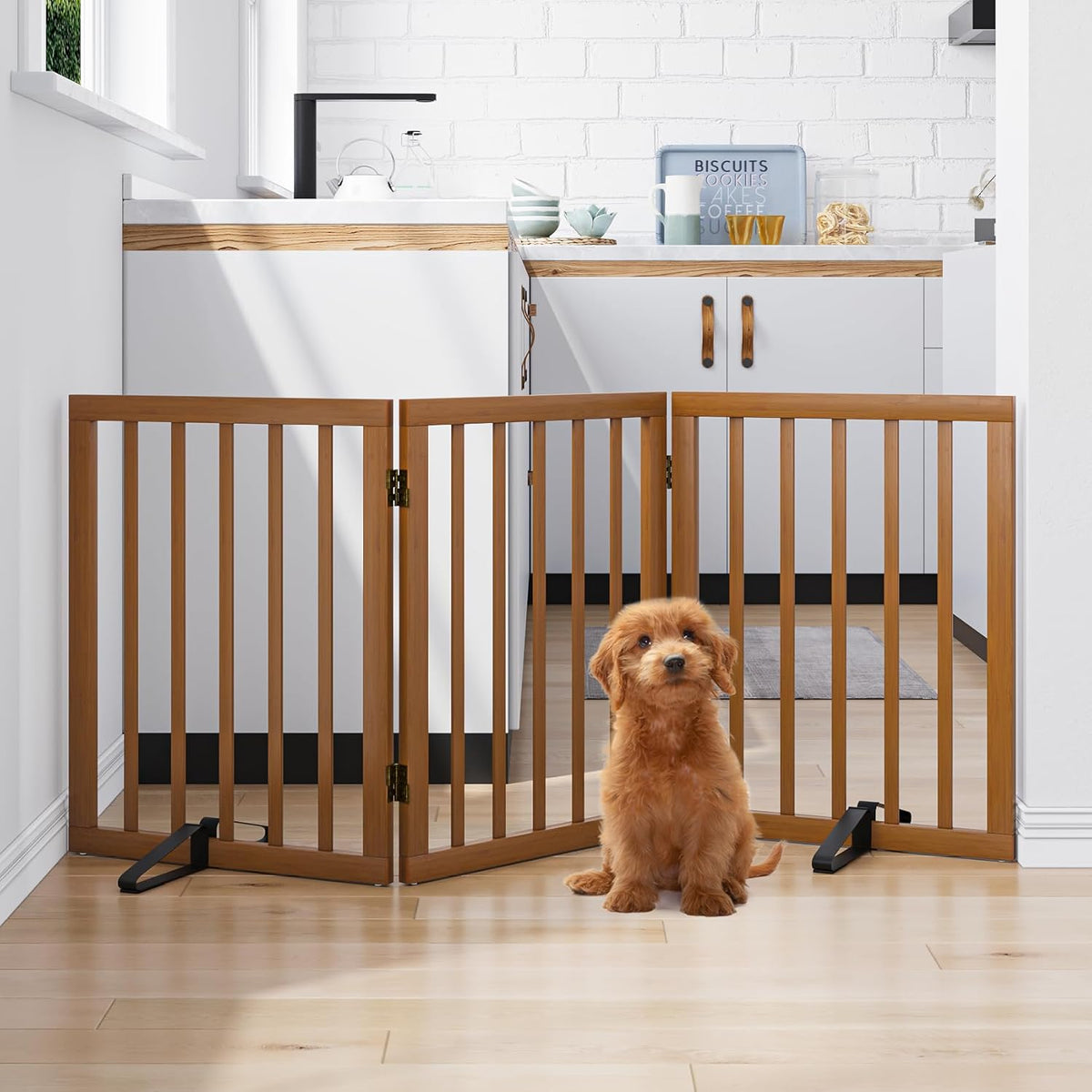 Freestanding Pet Gate Foldable Dog Gate (55 inches Wide) Walnut Bamboo Dog Gates for Stairs
