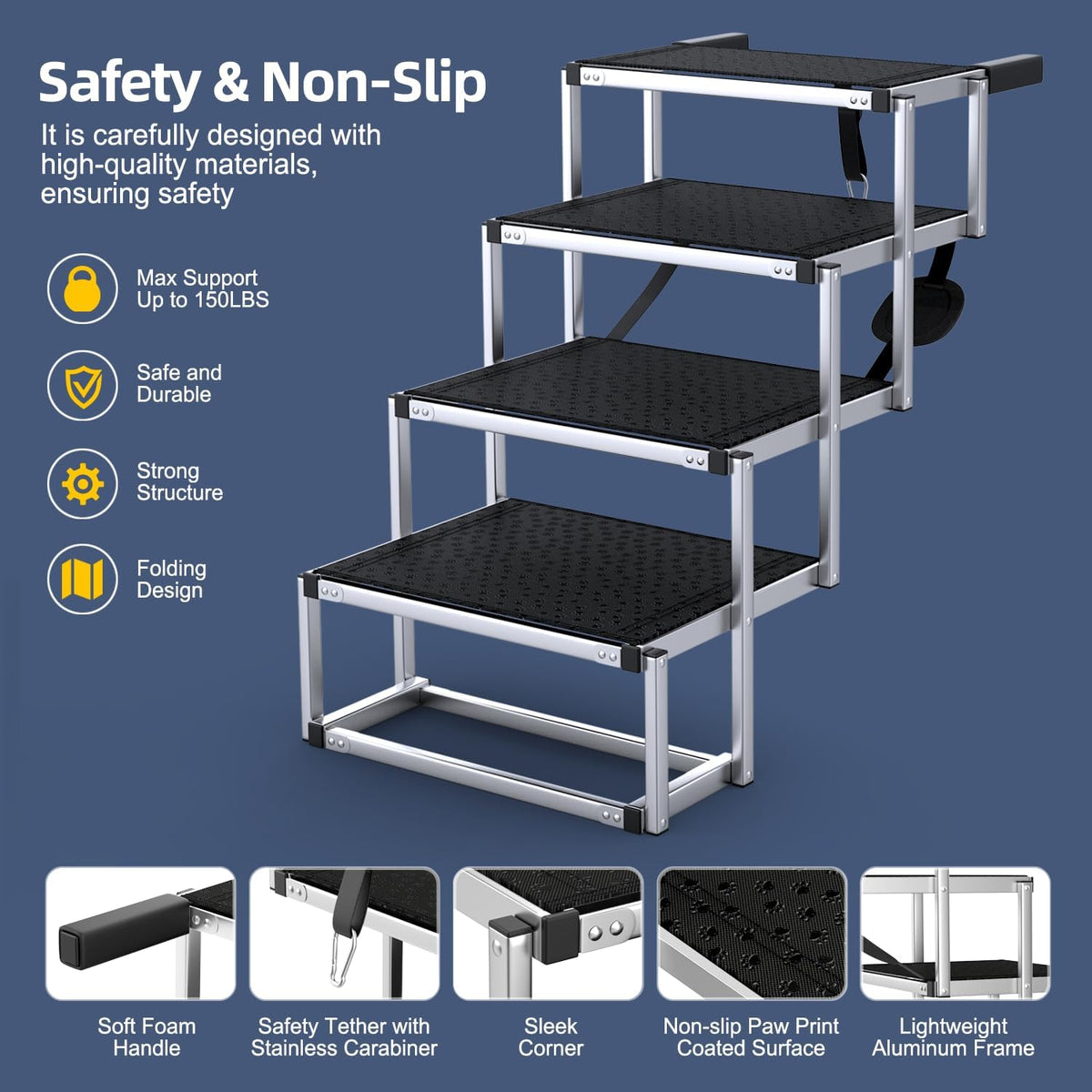 Dog Stairs for Car, Foldable Dog Ramp for Car with Non-Slip Surface, Portable Stairs Aluminum SUV