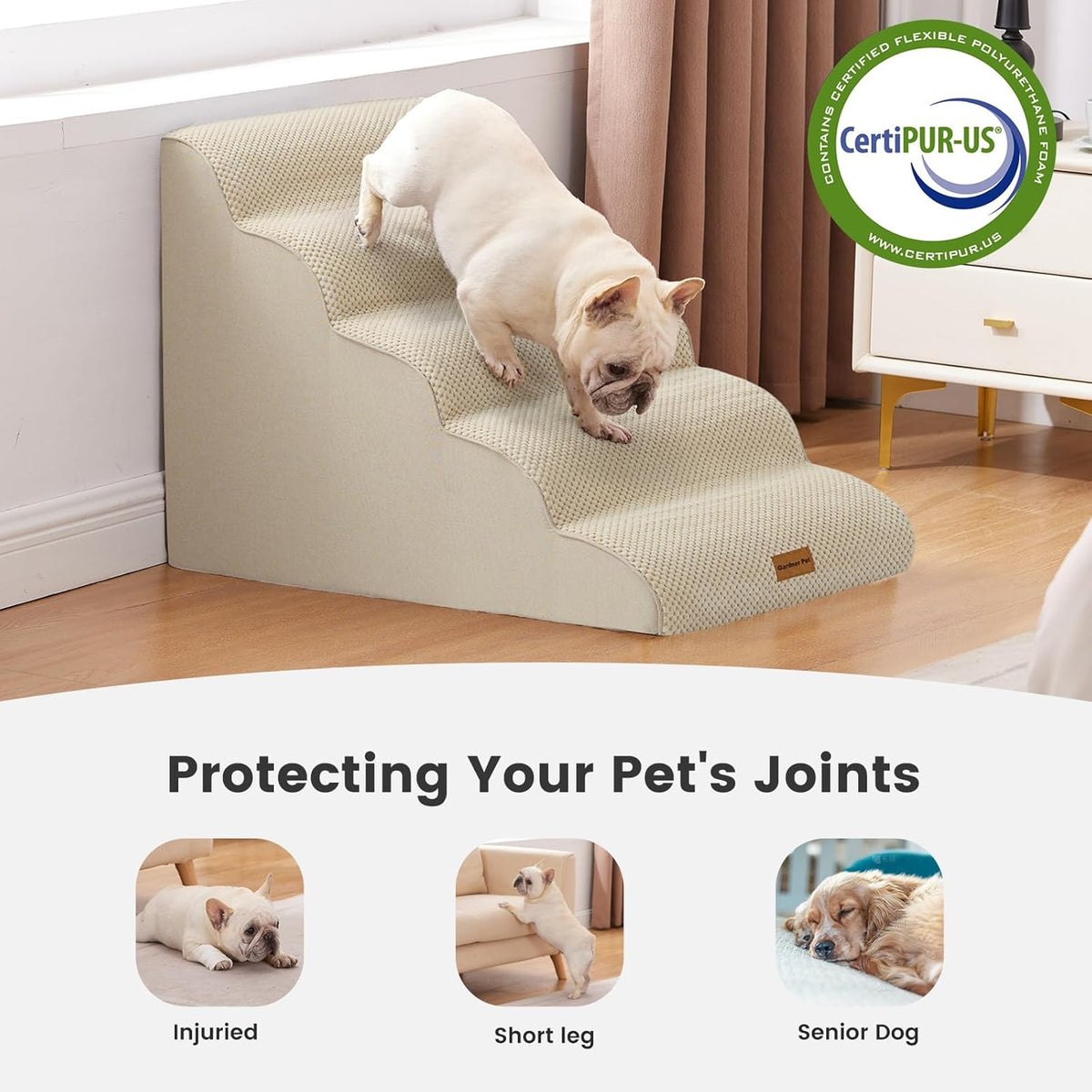 Gardner Pet Dog Stairs for Small Dogs 22.8" H, 5-Step Beige Curved Pet Stairs, Dog Steps for High