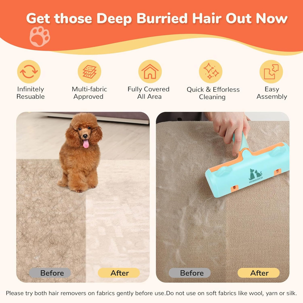 5 PCS Pet Hair Removal Tool, Roller Dog Hair Removers for Couch, Retractable Pet Hair Carpet