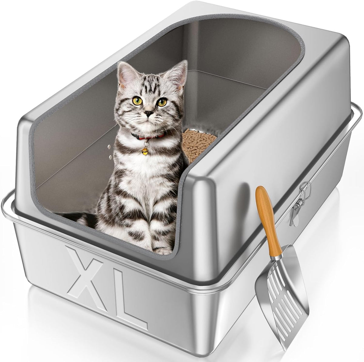 12'' High Sides XL All Stainless Steel Cat Litter Box with Lid,Deep Metal Litter Box for Big