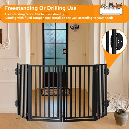 Portable Dog Fence with Door for Indoor Outdoor Use, Free Standing Dog Gate Foldable Design, Metal